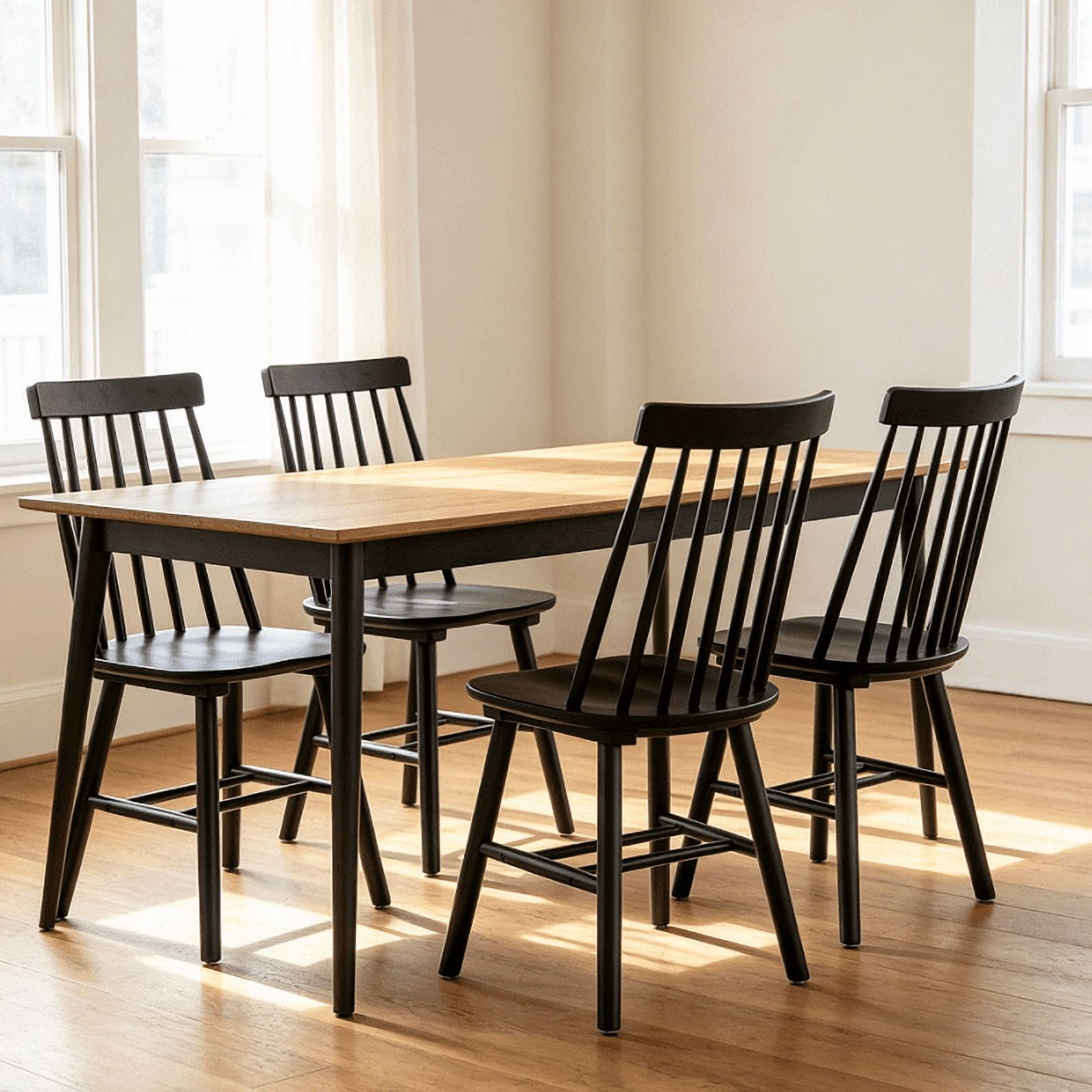 Farmhouse Solid Wood Windsor Dining Chairs, Set of 4, Spindle Back Side Chairs, Black
