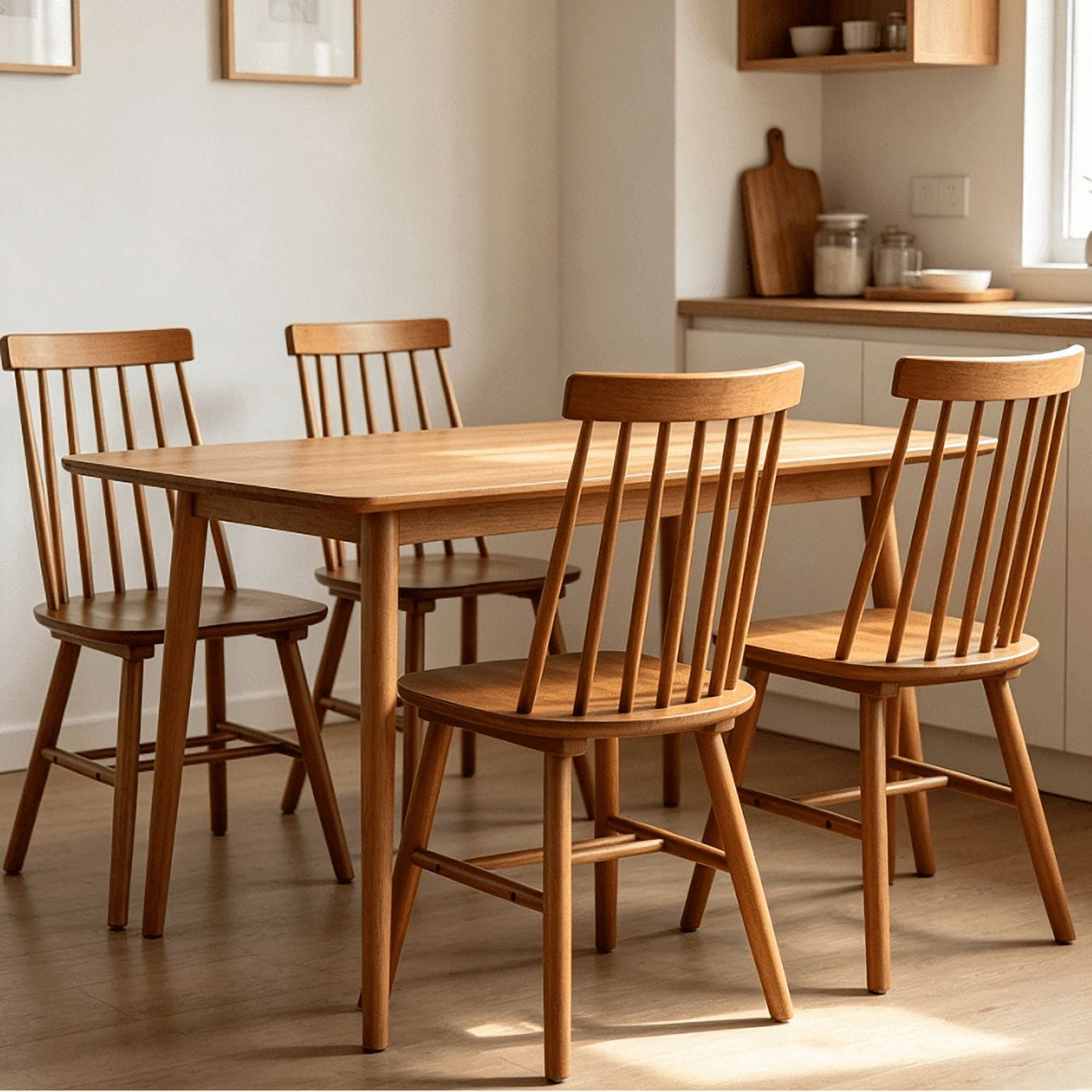 Farmhouse Solid Wood Windsor Dining Chairs, Set of 4, Spindle Back Side Chairs, Walnut