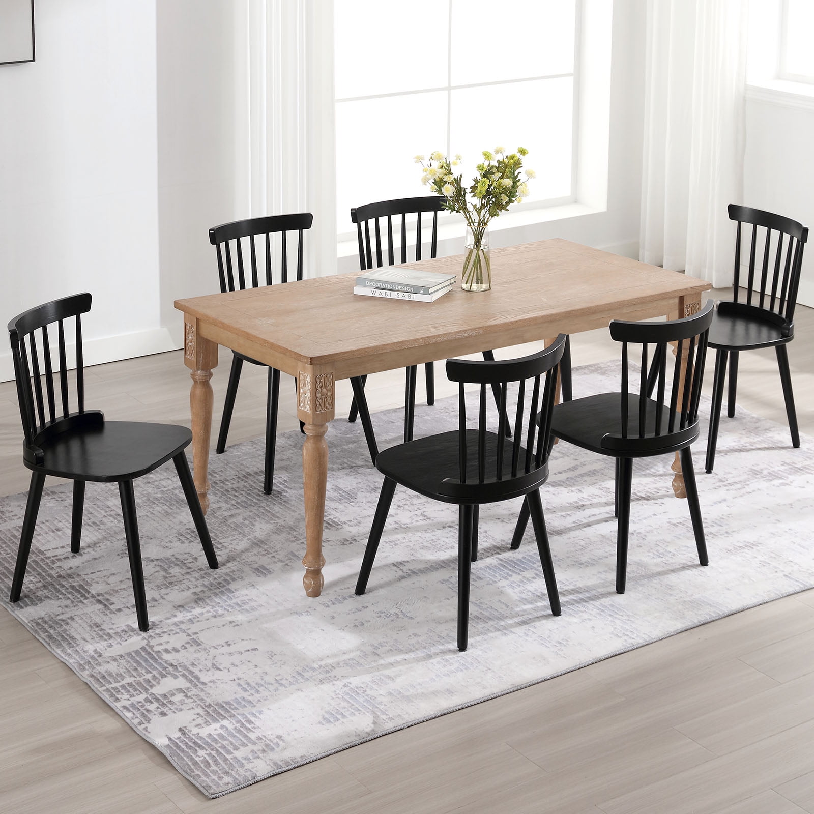 WOOW DEPOT Farmhouse Windsor Dining Chair Set of 6 w/ Solid Wood Spindle Back & Widen Seat for Kitchen Living Room Office Restaurant, Black