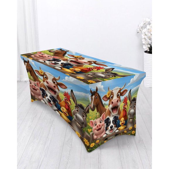 Farmhouse Spandex Tablecloth 4ft Funny Horse Pig Face Cute Dog Duck Chicken Donkey Elastic Fitted Cloth for Rectangle Table Wrinkle Proof Stretch Table Cover for Wedding Party Birthday Banquet