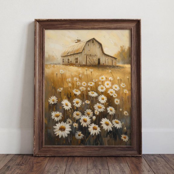 Farmhouse Spring Barn Wall Art Old Barn Daisy Flowers Rustic Country Landscape Floral