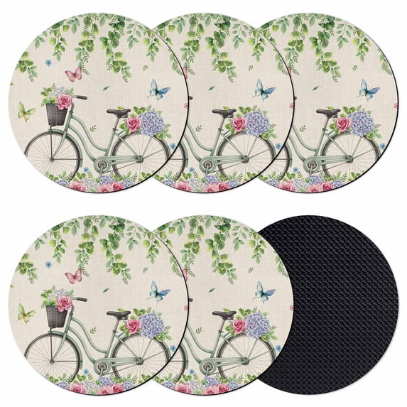 Farmhouse Spring Coasters Set of 6, Absorbent Coasters for Drinks, Retro Bicycles Flowers Vines Butterfly Coaster for Desk Coffee Table Protection, Home Decor House Warming Gifts 4"