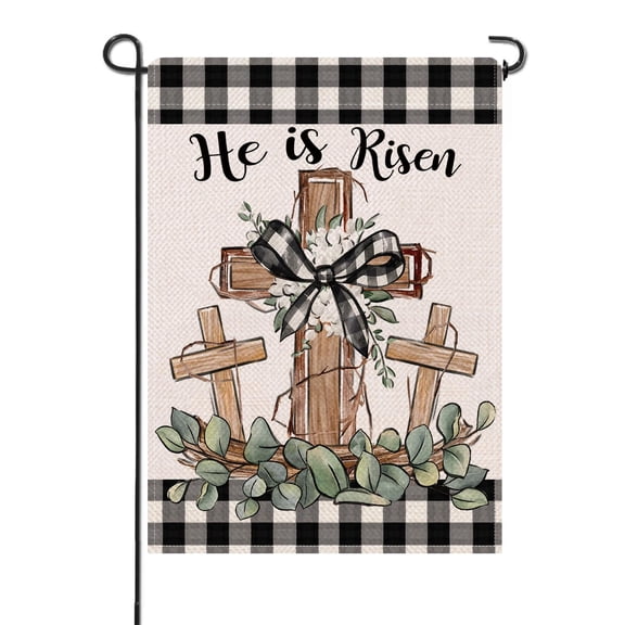 Farmhouse Spring Easter Decor Flag 12x18 Double Sided Burlap Christian Cross He is Risen Buffalo Plaid Religious Yard Lawn Sign