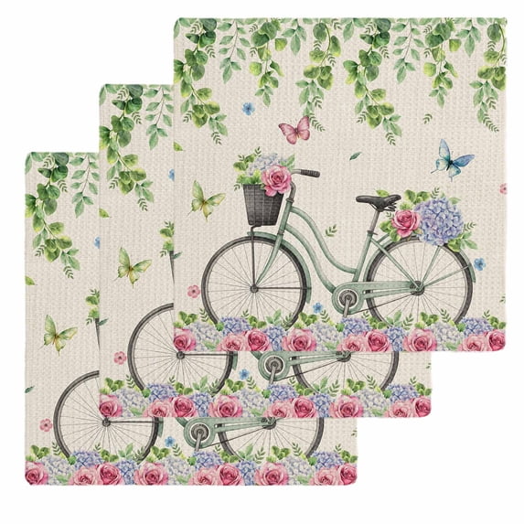 Farmhouse Spring Kitchen Dish Towels for Drying Dishes Set of 3, Retro Bicycles Flowers Vines Butterfly Waffle Weave Microfiber Hand Tea Bathroom Towels Quick Dry & Absorbent Towel 12x12