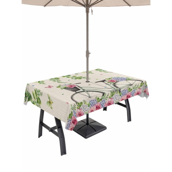 Farmhouse Spring Outdoor Tablecloth - 54x80 Inch Rectangle Dining Table Cover, Retro Bicycles Flowers Vines Butterfly Waterproof Outdoor Table Cloth with Umbrella Hole & Zipper for Picnic/Patio/Party