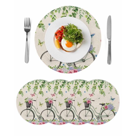 Farmhouse Spring Round 15 Inch Placemats Set of 4, Retro Bicycles Flowers Vines Butterfly HeatResistant Non Slip Place Mats for Dining Table, Wipeable Braided Kitchen Table Mats for Housewarming