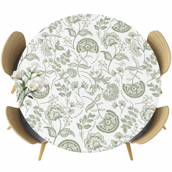 Farmhouse Spring Round Tablecloth 36-44 Inch Round Fitted Table Cloth with Elastic Edge, Sage Green Fruit Plant Leaf Flower Waterproof Table Cover Protector for Outdoor Picnic Party Dining