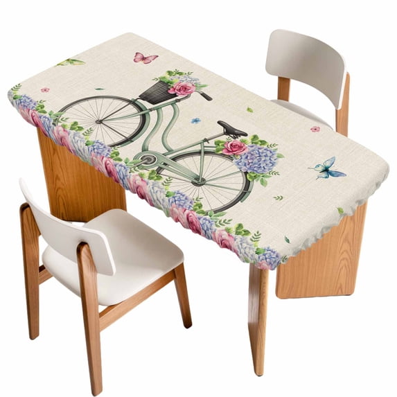 Farmhouse Spring Table Cloths for 6 Foot Rectangle Tables, Retro Bicycles Flowers Vines Butterfly Patio Waterproof Elastic Fitted Tablecloths, Washable Rectangular Table Cover for Camping