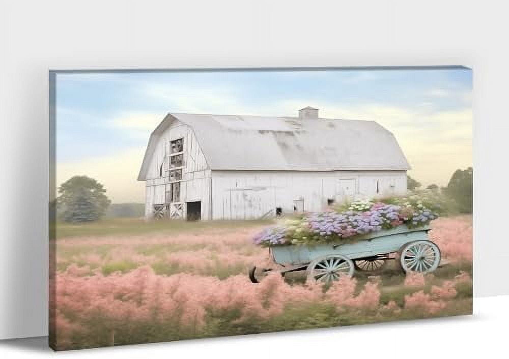 Farmhouse Spring Wall Art, White Barn and Purple Flowers Cart Picture ...
