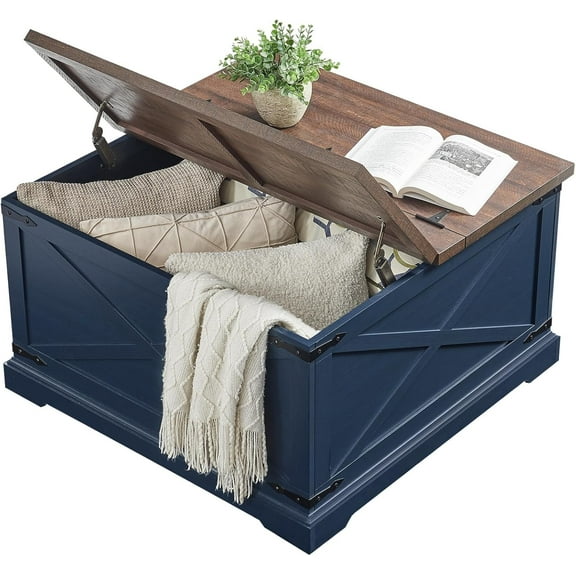 Farmhouse Square Coffee Table with Storage, Wood Center Table with Hinged Lift Top, Rustic Cocktail Table with Large Hidden Storage Compartment for Living Room, Bedroom,Navy Blue