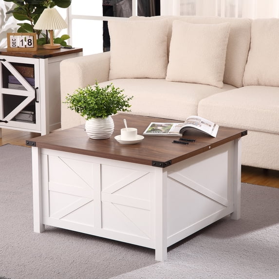 Farmhouse Square Coffee Table, Wood Center Table with Large Hidden Storage Compartment for Living Room, Rustic Cocktail Table with Hinged Lift Top for Home Office,Living Room