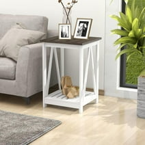 Farmhouse Square End Table, Accent Side Table With Slats Design, Sofa Side Nightstand Table With Sturdy Frame For Living Room Bedroom