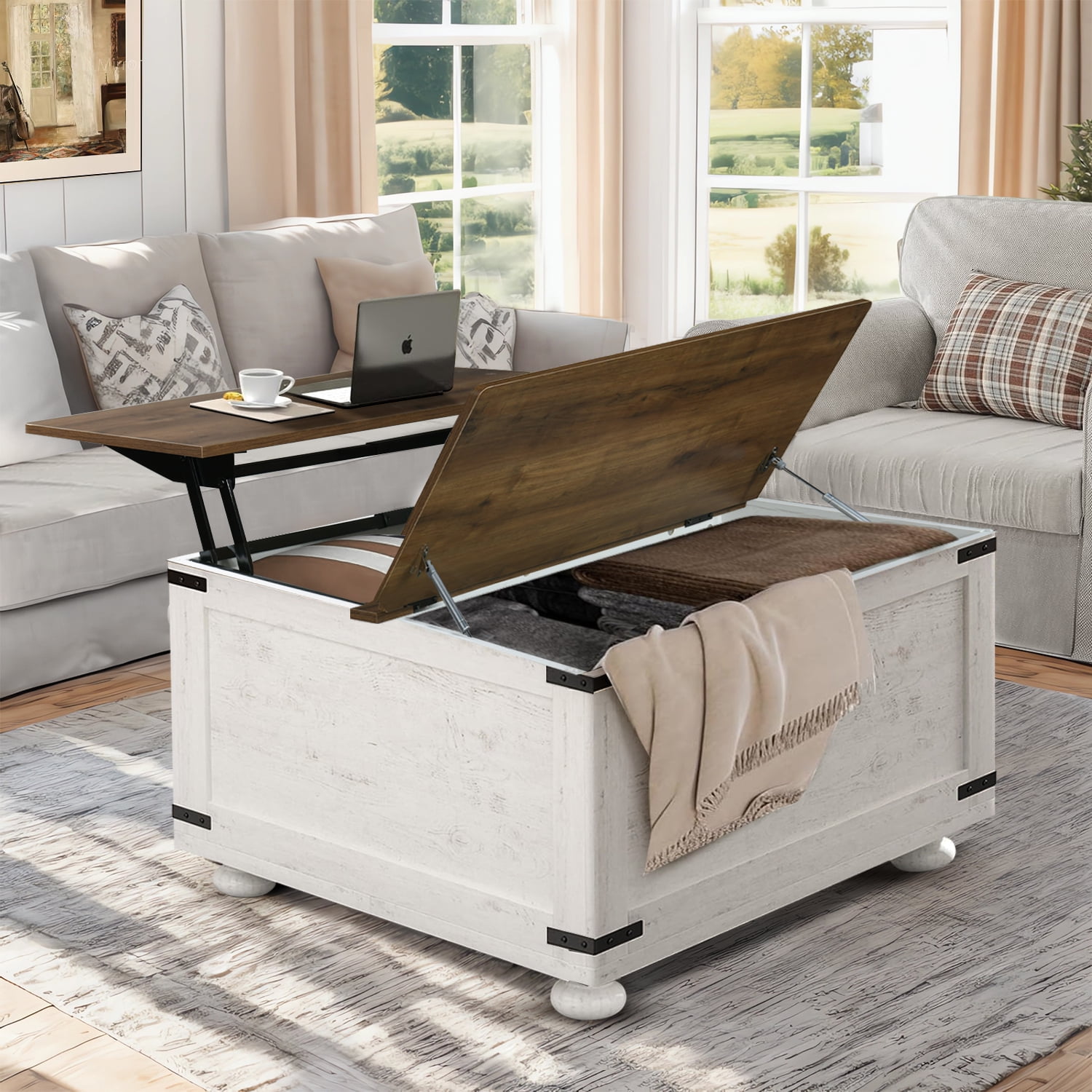 Square Coffee Table with Lift Top with Lift Top and Storage for Living Room White