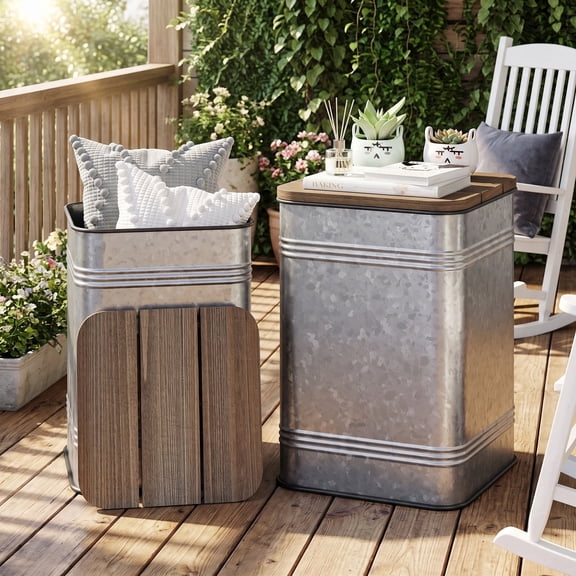 Farmhouse Square End Table Set of 2, Galvanized Accent Side Table with Wood Lid for Living Room Outdoor