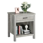 Farmhouse Square Nightstand, Bedside Table End Table for Bedroom Nursery Living Room, End Table with Storage Drawer, Easy Assembly, Rustic Grey