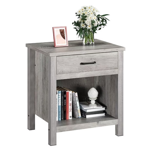 Farmhouse Square Nightstand, End Table with Storage Drawer for Bedroom Living Room, Grey