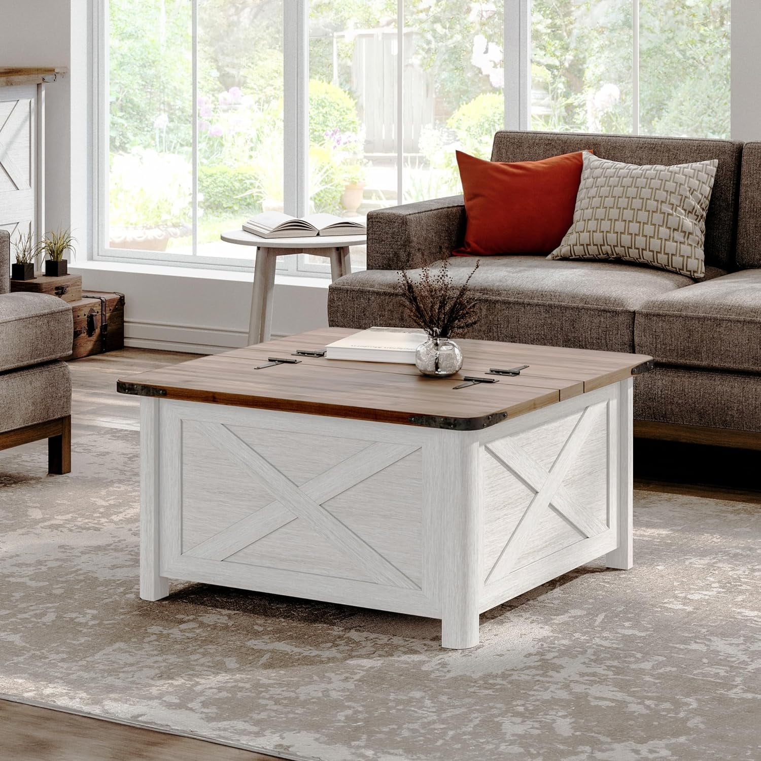 Farmhouse Square Wood Coffee Tables with Storage Hidden Space for Living Room Small Space ...
