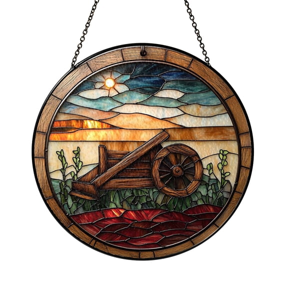 Farmhouse Stained Glass Suncatcher, Wagon Wheel Sunset Window Hanging Art, Vintage Landscape Panel for Home Decor, Beautiful Country Window Ornament, Gift for Nature and Rural Lifestyle Lovers