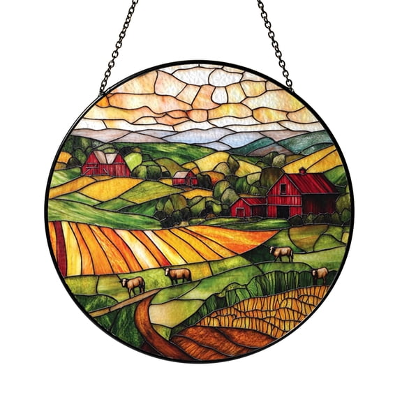 Farmhouse Stained Glass Suncatcher Window Hanging, Scenic Rural Barn and Grazing Sheep Decorative Glass Panel Art, Countryside Landscape Window Decor, Rustic Farm Sun Catcher Ornament for Living Room