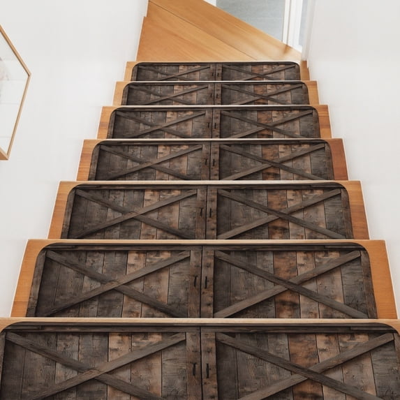 Farmhouse Stair Treads Non Slip for Steps Brown Country Style Barn Door Distressed Wood Grain 4 Pcs Reusable Adhesive Stair Runner Mats for Dogs Elders Carpet Treads Rugs for Staircase 8x30 In