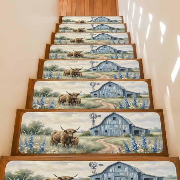 Farmhouse Stair Treads Non Slip for Steps Cow Barn Windmill Rustic Countryside 15 Pcs Reusable Adhesive Stair Runner Mats for Dogs Elders Carpet Treads Rugs for Staircase 8x30 In