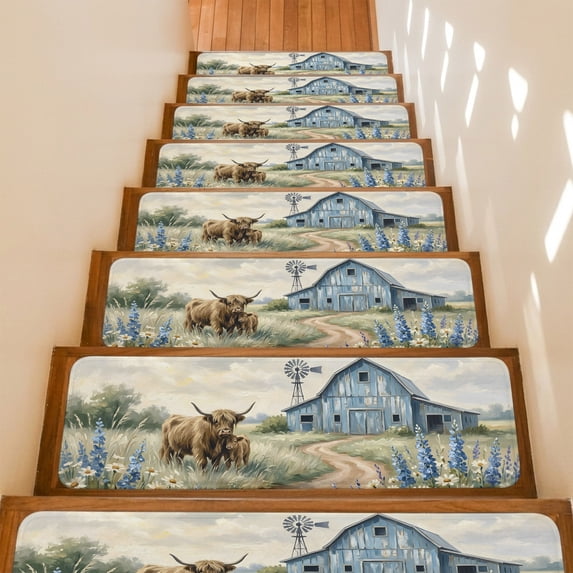 Farmhouse Stair Treads Non Slip for Steps Cow Barn Windmill Rustic Countryside 15 Pcs Reusable Adhesive Stair Runner Mats for Dogs Elders Carpet Treads Rugs for Staircase 8x30 In