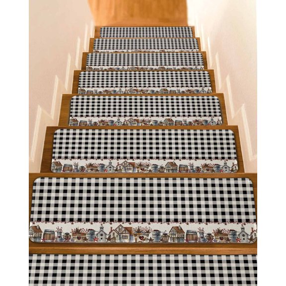 Farmhouse Stair Treads for Wooden Steps Indoor Runner Rug Carpet, American Country Star Barn Black Plaid Berry 4 Pieces Peel and Stick Staircase Step Treads Covers Washable Throw Door Mats, 30"x8"