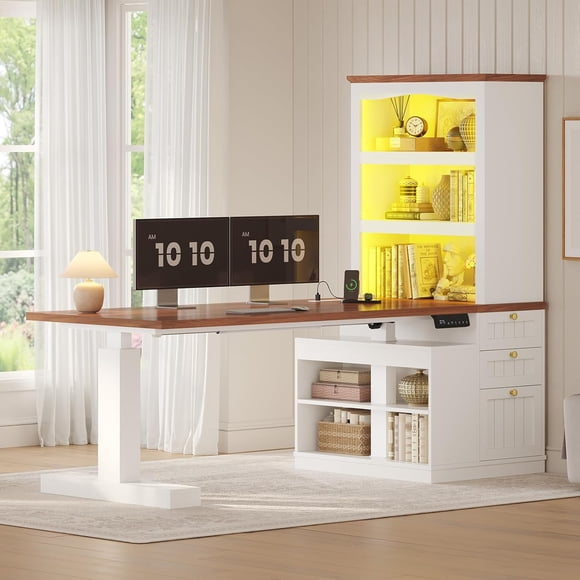 Farmhouse Standing Desk Adjustable Height with 3-Tier Bookcase, 70" Executive Electric Office Desk with Power Outlets and Led Light, Sit Stand Computer Desk with Storage Shelves, File Drawers, White