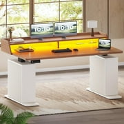 Farmhouse Standing Desk with Storage, 55" Stand Up Home Office Desk with Power Outlets & LED Lights，Fluted Design Computer Desk, Height Adjustable Table with Monitor Stand, White & Brown Top