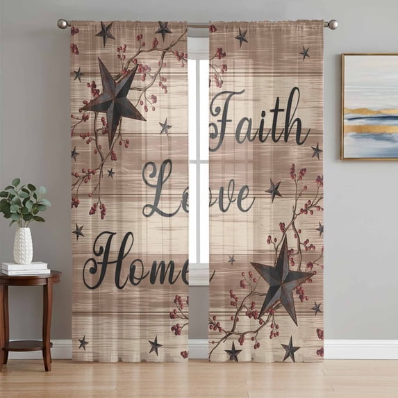Farmhouse Star Brown Sheer Curtains 72 Inch Length 2 Panels Set Window Treatments, Retro Branches Berry Wooden Grain Rod Pocket Semi Curtains for Living Room/Bedroom/Kitchen Décor, 104"W x 72"L