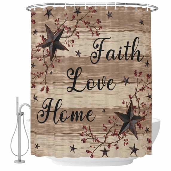 Farmhouse Star Brown Shower Curtain, Waterproof Shower Curtains for Bathroom, Retro Branches Berry Wooden Grain Washable Fabric Bathtub Curtain Set Bath Decor with 12 Hooks Standard 72"x72"