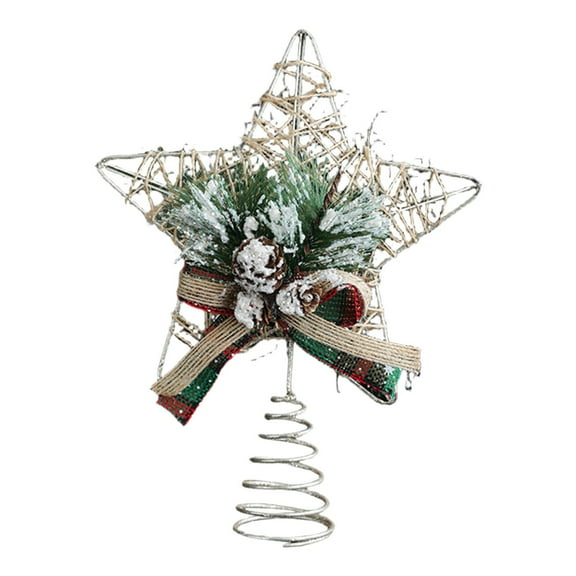 Farmhouse Star Christmas Tree Topper, Rattan Star Treetop with Frosted Pine Foliage Burlap Bow, 9" Rustic Farmhouse Christmas Tree Topper Decoration, Holiday Seasonal Decoration