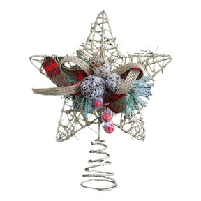 Farmhouse Star Christmas Tree Topper, Rattan Star Treetop with Frosted Pine Foliage Burlap Bow, 9" Rustic Farmhouse Christmas Tree Topper Decoration, Holiday Seasonal Decoration