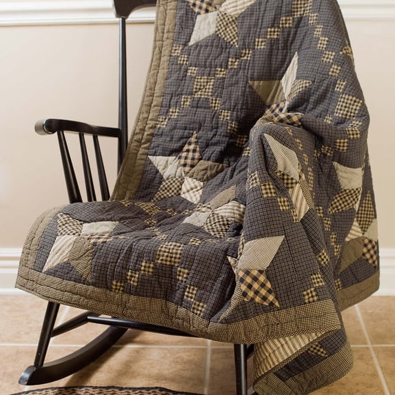 VHC Brands Farmhouse Star Throw- Primitive Decor Farmhouse Blanket, Patchwork Charcoal, Black, Tan Soft Cotton
