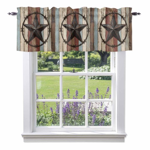 Farmhouse Star Valances for Windows Country Stars Red Brown Beige Wood Grain Rod Pocket Cafe Window Treatments Valance Curtains for Kitchen Bathroom Laundry Basement Windows 42"x12"