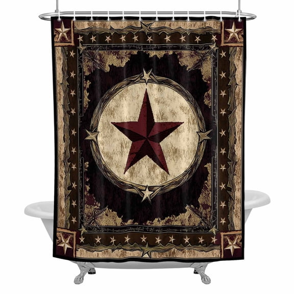 Farmhouse Star Western Shower Curtain Set with Hooks, Brown Rustic Waterproof Fabric Bathroom Curtains Decor Home Accessories,72 X 72 Inch Long