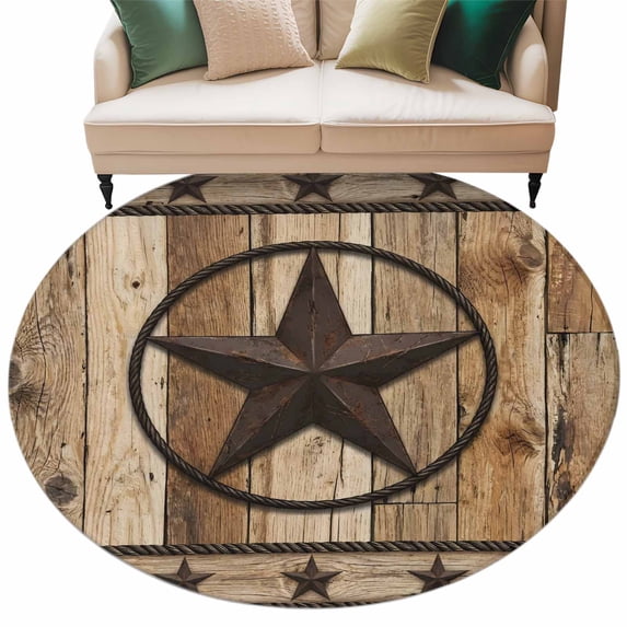 Farmhouse Stars Round Rug 8ft Washable Circle Rugs Non Slip Vintage Country Western Wooden Grain Large Area Rug Indoor Floor Carpet for Bedroom Kitchen Living Room Home Office Dining Room Nursery