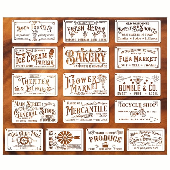 Farmhouse Stencils for Wood Painting Kitchen Craft Stencils Vintage Sign Reusable Wall Fabric Canvas (16 Pieces)