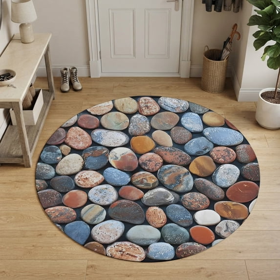 Farmhouse Stone Round Area Rug 6Ft Washable Circle Rugs for Bathroom Office, Vintage Rustic Nature Geometric Wall Non-Slip Carpet Floor Mats Indoor Outdoor Carpet Runner Aesthetic Home Decor