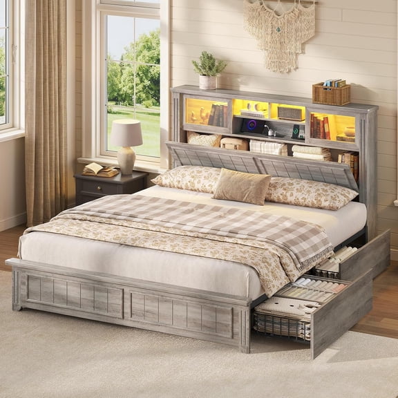 Farmhouse Storage Bed Frame with RGB LED Light, Sliding Acrylic Door Storage Headboard Wood Metal Platform Bed with Hidden Compartment & 4 Drawers, No Box Spring Needed, Easy Assembly