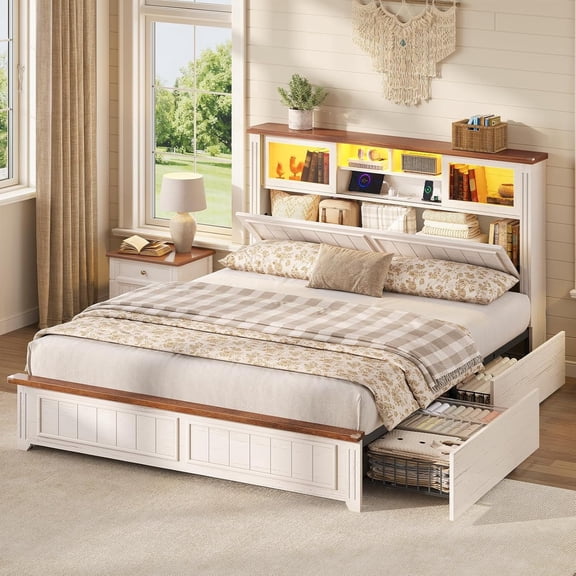 Farmhouse Storage Bed Frame with RGB LED Light, Sliding Acrylic Door Storage Headboard Wood Metal Platform Bed with Hidden Compartment & 4 Drawers, No Box Spring Needed, Easy Assembly