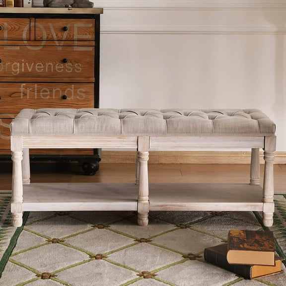 Farmhouse Storage Bench Wooden Entryway Upholstered Tufted Ottoman Bench for Bedroom End of Bed Hallway Organizer, Beige