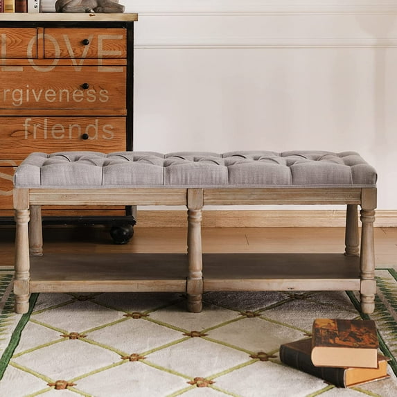 Farmhouse Storage Bench Wooden Entryway Upholstered Tufted Ottoman Bench for Bedroom End of Bed Hallway Organizer, Grey