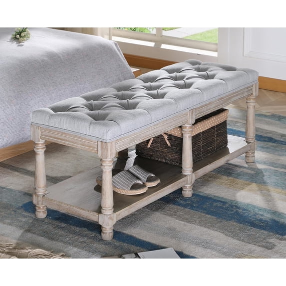 Farmhouse Storage Bench Wooden Entryway Upholstered Tufted Ottoman Bench for Bedroom End of Bed Hallway Organizer, Grey