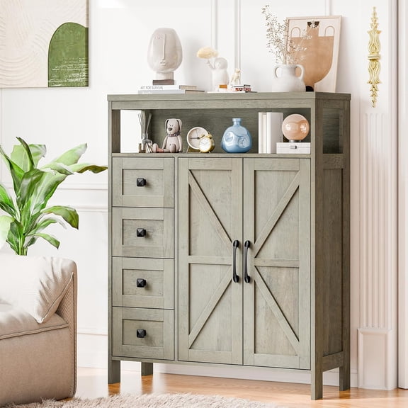 Farmhouse Storage Cabinet with 2 Doors and 4 Drawers, Freestanding Bathroom Cabinets Kitchen Pantry, Floor Storage Cabinet Hutch Cupboard for Kitchen/Living Room/Bathroom Gray