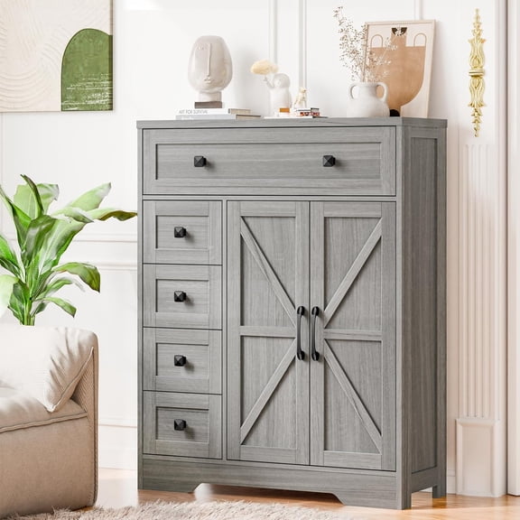 Farmhouse Storage Cabinet with 2 Doors and 5 Drawers, Freestanding Bathroom Cabinets Kitchen Pantry, Floor Storage Cabinet Hutch Cupboard for Living Room/Bathroom/Kitchen.Wash Grey