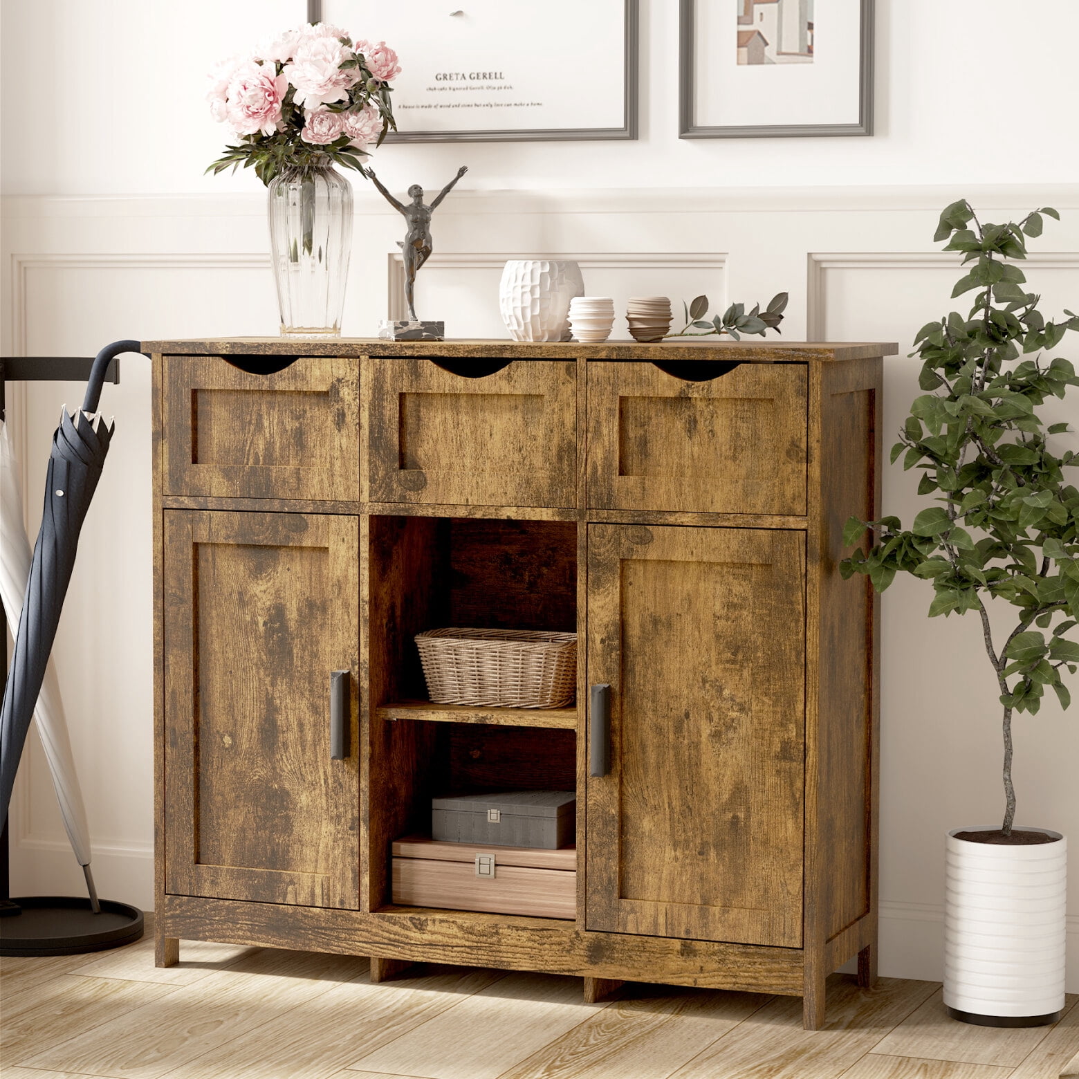 Farmhouse Storage Cabinet with 3 Drawers, Wooden Floor Cabinet with 2 ...