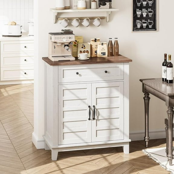 Farmhouse Storage Cabinet with 3 Tiers & 7-Position Adjustable Shelves – Rustic Brown & White Kitchen Pantry Organizer with Drawer, Scratch-Resistant Waterproof Finish, Brown+White