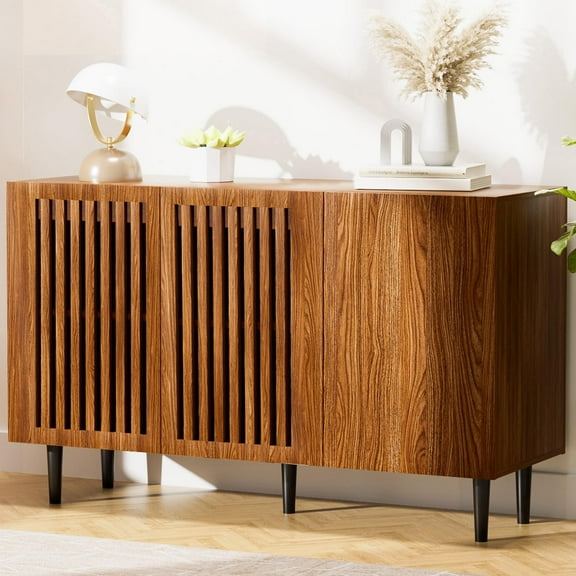 Farmhouse Storage Cabinet, 47.2" Buffet Cabinet with 3 DIY Doors and Adjustable Shelf, Sideboard Coffee Bar with Solid Wood Feet for Kitchen,Dining Room,Living Room,Brown