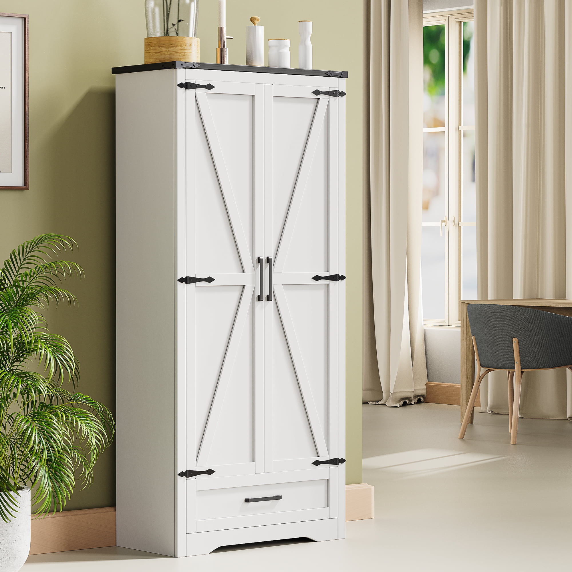 72" Tall Farmhouse Kitchen Pantry with Drawer and 4 Shelves, Large Wood Kitchen Storage Cabinets with 2 Barn Doors & Drawer, Versatile Storage for Dining Room, Bathroom, Antique White